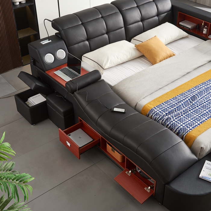 Multifunctional UpholsteredStorage Bed Frame, Massage Chaise Lounge on Left, Queen Size, Black