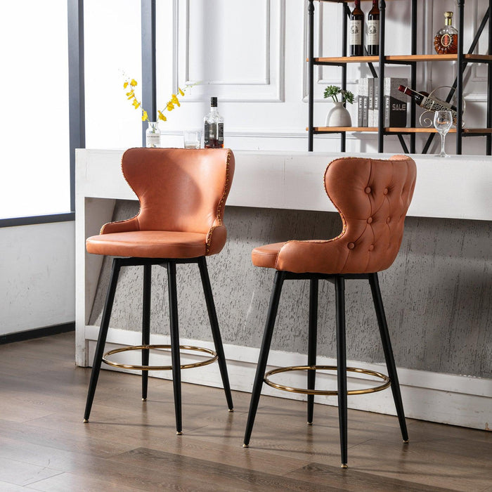 29"Modern Leathaire Fabric bar chairs,180° Swivel Bar Stool Chair for Kitchen,Tufted Gold Nailhead Trim Gold Decoration Bar Stools with Metal Legs,Set of 2 (Orange)