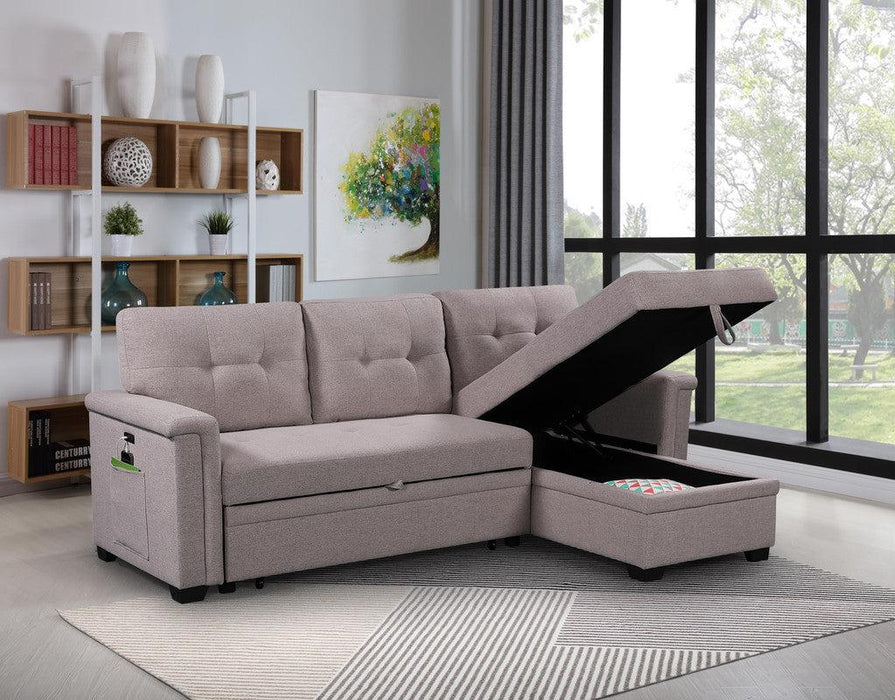 Ashlyn Light Gray Reversible Sleeper Sectional Sofa withStorage Chaise, USB Charging Ports and Pocket
