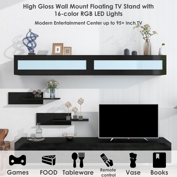 Wall Mount Floating TV Stand with Four MediaStorage Cabinets and Two Shelves,Modern High Gloss Entertainment Center for 95+ Inch TV, 16-color RGB LED Lights for Living Room, Bedroom, Black