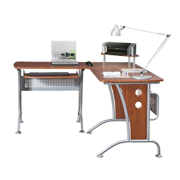 Techni Mobili Deluxe L-Shaped Computer Desk With Pull Out Keyboard Panel, Mahogany