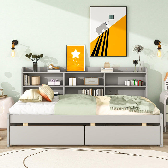 Twin Bed with Side Bookcase, Drawers ,Gray