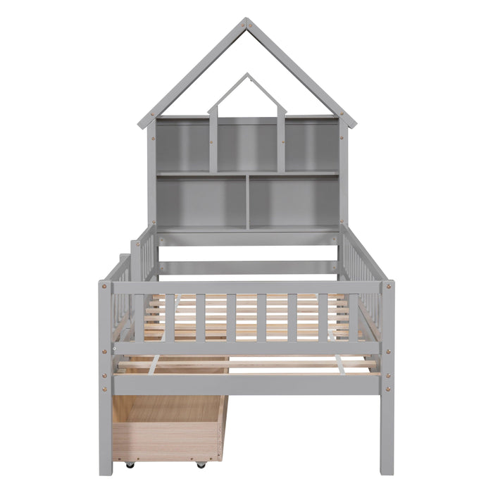 Twin Size House-Shaped Headboard Bed with Fence Guardrails and Drawers ,Gray