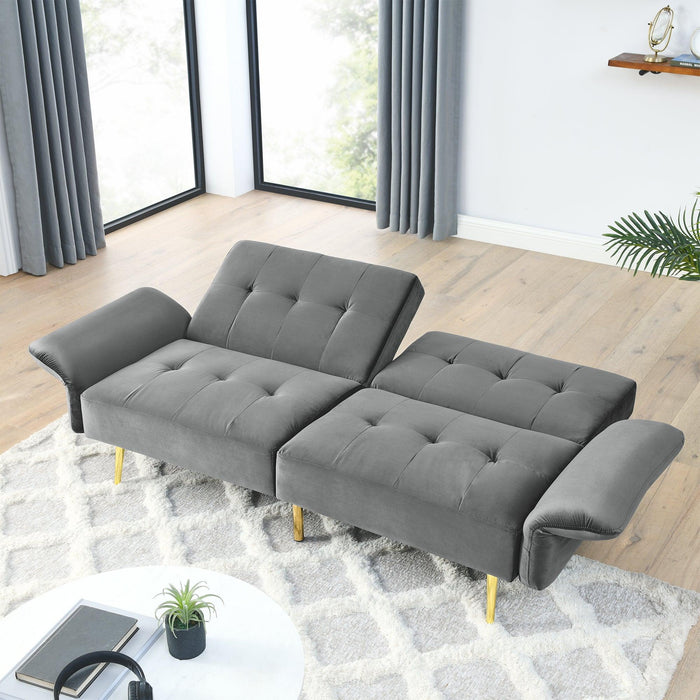 78" Italian Velvet Futon Sofa Bed, Convertible Sleeper Loveseat Couch with Folded Armrests andStorage Bags for Living Room and Small Space, Grey 280g velvet
