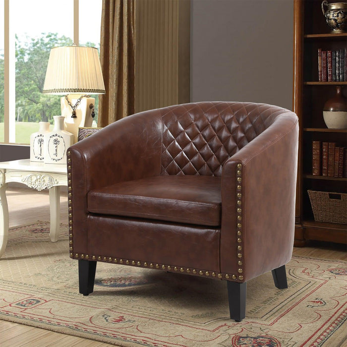 accent Barrel chair living room chair with nailheads and solid wood legs  Brown pu leather