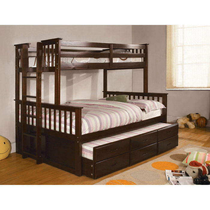 Andris Cottage Solid Wood Twin over Full Bunk Bed in Dark Walnut