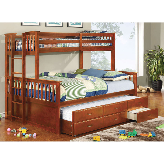 Andris Cottage Solid Wood Twin XL over Queen Bunk Bed in Oak