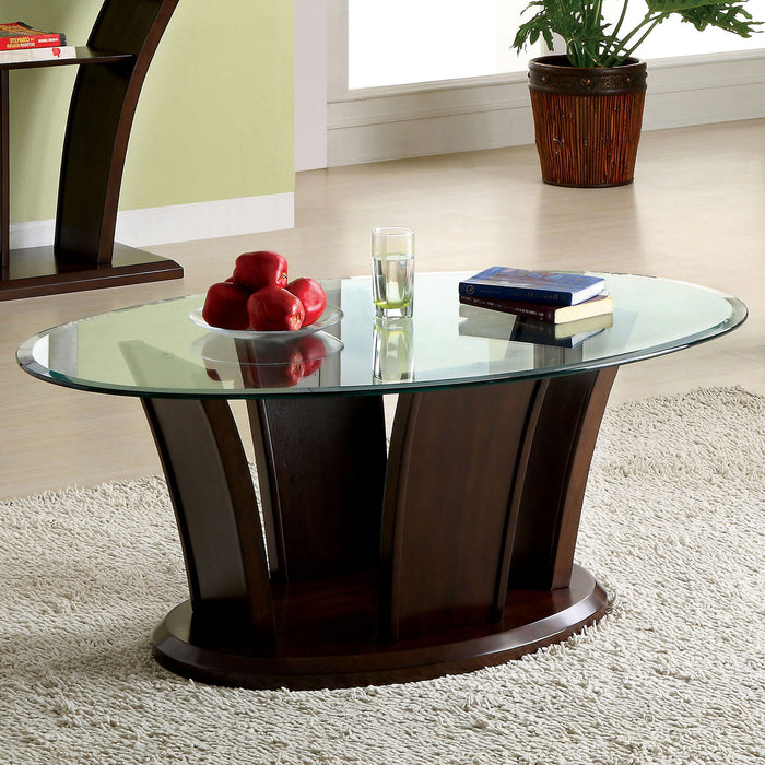 Jillyn Contemporary Glass Top Coffee Table in Dark Cherry