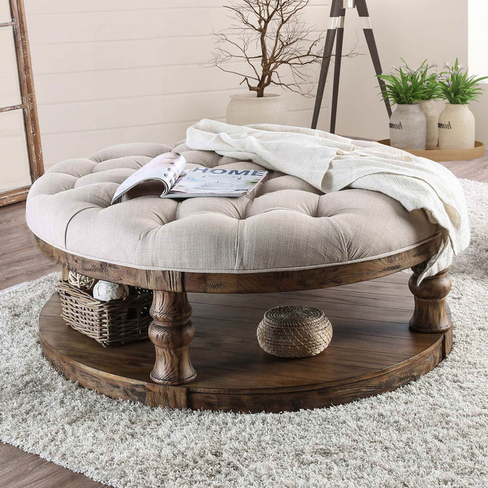 Cintra Rustic Tufted Cushion Top Coffee Table in Antique Oak