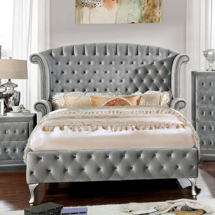 Clerita Transitional Wingback Tufted Eastern King Bed in Gray