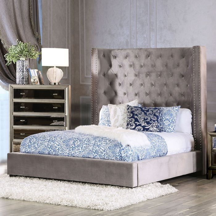 Kerch Transitional Eastern King Wingback Bed in Gray