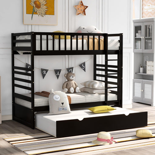 Twin over Twin Bunk Bed for Kids with Safety Rail and Twin Size Trundle Bed - Dark Brown image