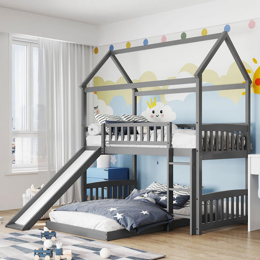 Twin over Twin House Shaped Bunk Bed with Slide - Gray image