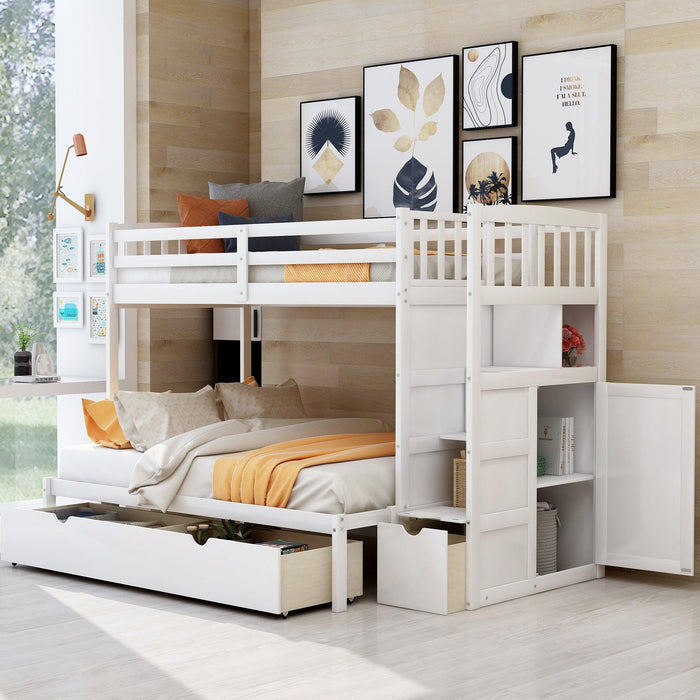 Twin over Twin or Twin over Full Convertible Bunk Bed withStorage Shelves and Drawers - White image