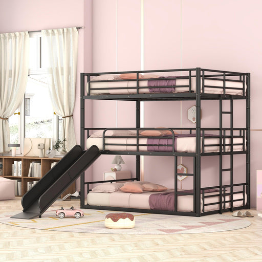Full Size Convertible Metal Bunk Bed with Ladders and Slide - Black image