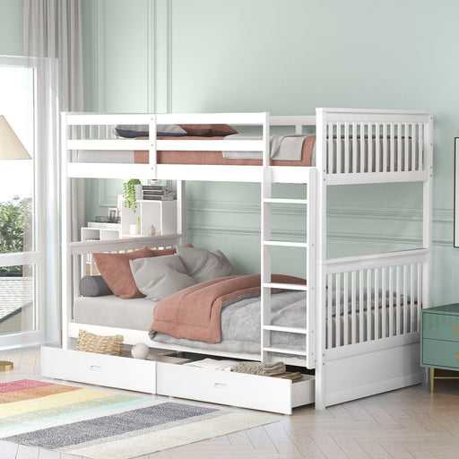 Twin over Twin Bunk Bed with Ladders and TwoStorage Drawers - White image