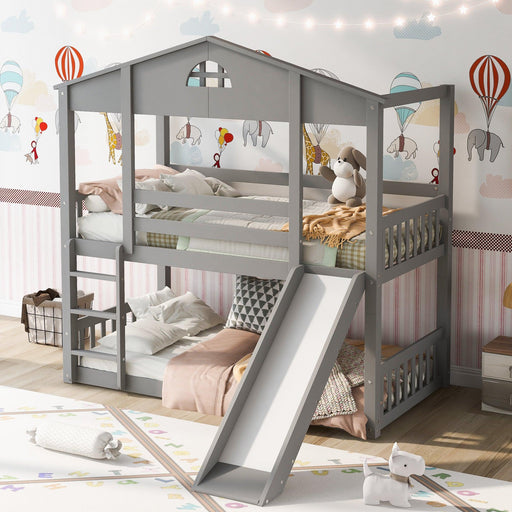 Twin over Twin Convertible House Shaped Bunk Bed with Slide and Ladder - Gray image