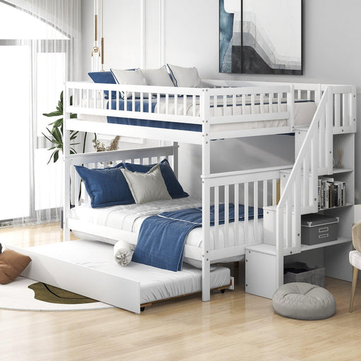 Full over Full Bunk Bed with Twin Size Trundle andStorage Staircase - White image