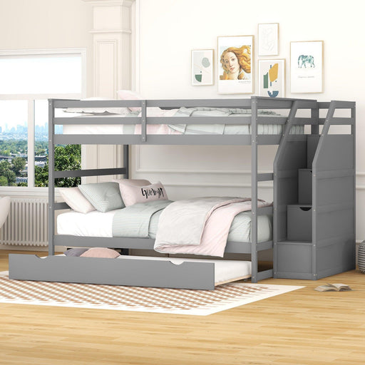 Full over Full Bunk Bed withStorage Staircase and Twin Size Trundle Bed - Gray image