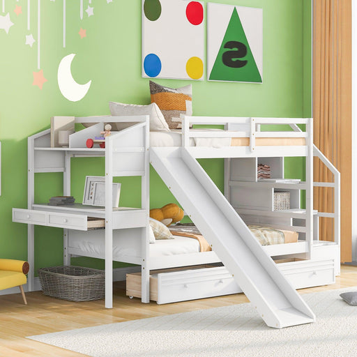 Twin over Twin Bunk Bed withStorage Staircase, Slide, Drawers and Desk with Drawers and Shelves - White image