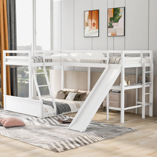 Twin over Full Bunk Bed and Twin Size Loft Bed with Desk, Slide and Guardrail - White image