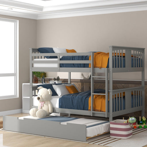 Full over Full Convertible Bunk Bed with Twin Size Trundle and Ladder - Gray image