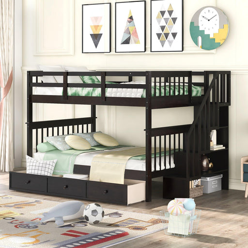 Full over Full Bunk Bed with Drawer,Storage Staircase and Guard Rail - Espresso image