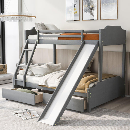 Twin over Full Bunk Bed with Two Drawers, Slide, Headboard and Footboard - Grey image