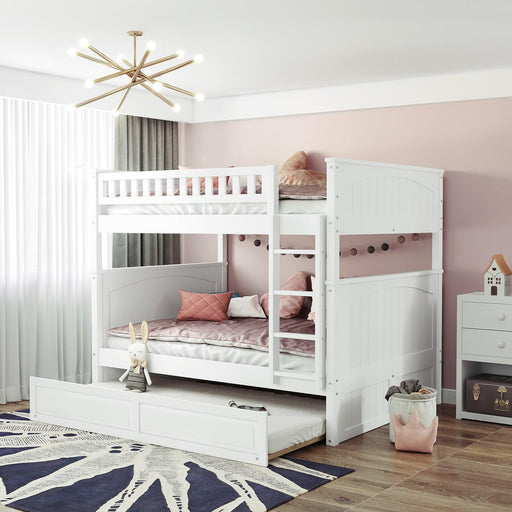 Full over Full Bunk Bed with Twin Size Trundle and Guardrails - White image