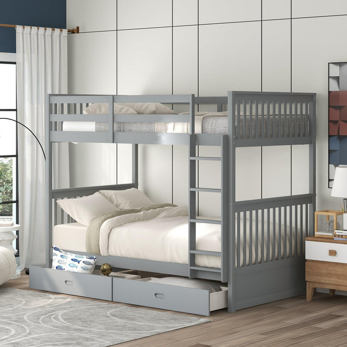 Twin over Twin Bunk Bed with Ladders and TwoStorage Drawers - Gray image
