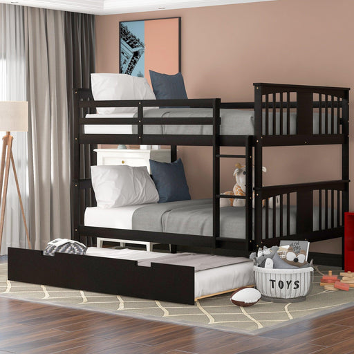 Full over Full Convertible Bunk Bed with Twin Size Trundle and Ladder - Espresso image