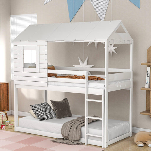 Twin Over Twin House Shaped Bunk Bed with Guardrail and Ladder - White image