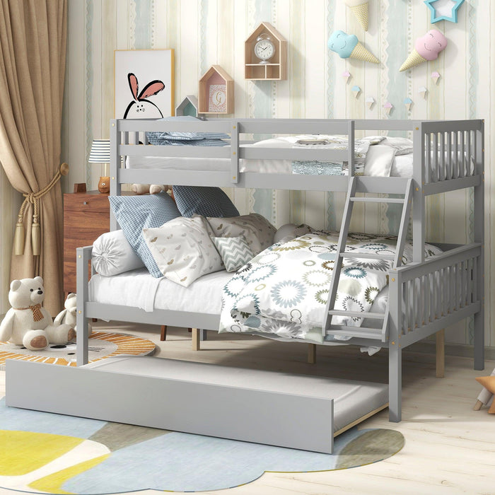 Twin over Full Convertible Bunk Bed with Lader, Safety Rails and Twin Size Trundle - Gray image