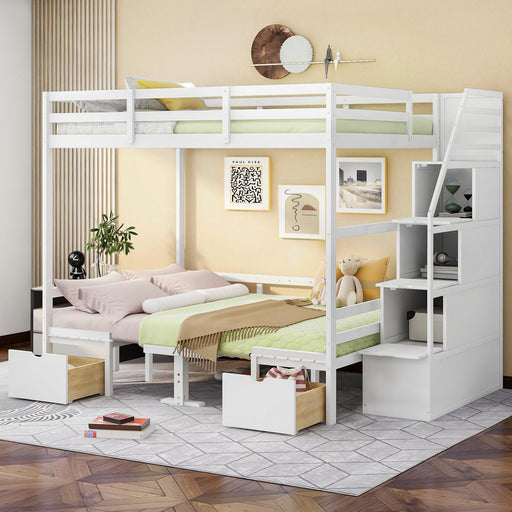 Full over Full Convertible Bunk Bed into Seats and Table Set withStorage Staircase - White image