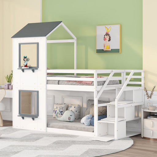 Twin over Twin House Shaped Bunk Bed withStorage Stairs, Guardrail and Ladder - White image