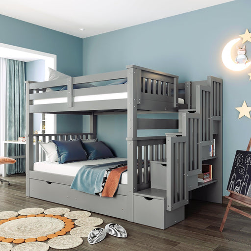Full over Full Bunk Bed with Shelves and 6Storage Drawers - Gray image