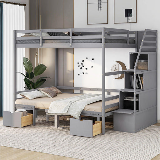 Full over Full Convertible Bunk Bed into Seats and Table Set withStorage Staircase - Gray image