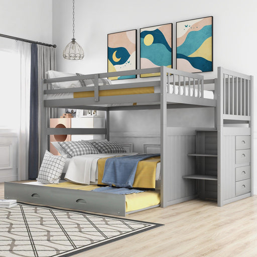 Full over Full Convertible Bunk Bed with Twin Size Trundle and Staircase Drawers - Gray image
