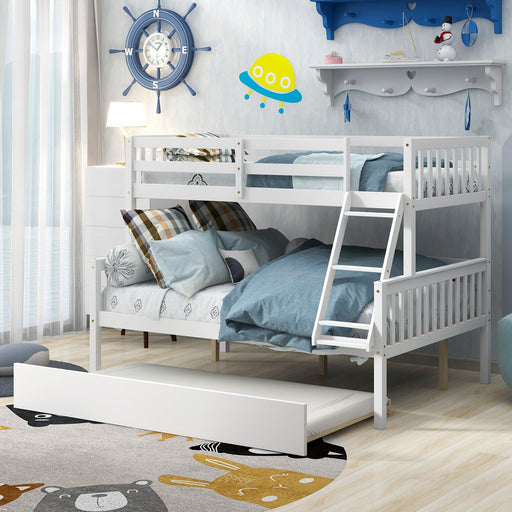 Twin over Full Convertible Bunk Bed with Lader, Safety Rails and Twin Size Trundle - White image