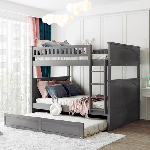 Full over Full Bunk Bed with Twin Size Trundle and Guardrails - Brushed Gray image