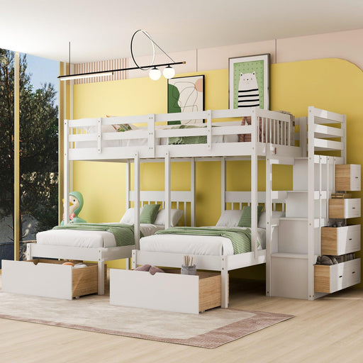 Full over Twin and Twin Bunk Bed with Drawers and Guardrail - White image