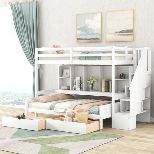 Twin XL over Full Bunk Bed withStorage Shelves, Drawers andStorage Staircase - White image