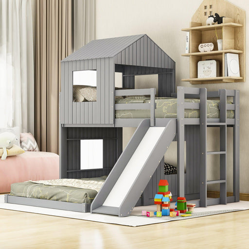Twin Over Full House Shaped Bunk Bed with Ladder, Slide and Guardrails - Gray image