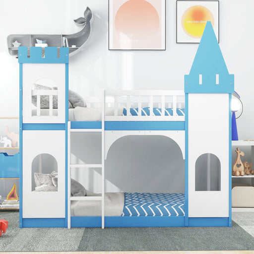 Twin Over Twin Castle Shaped Bunk Bed with Ladder - Blue image