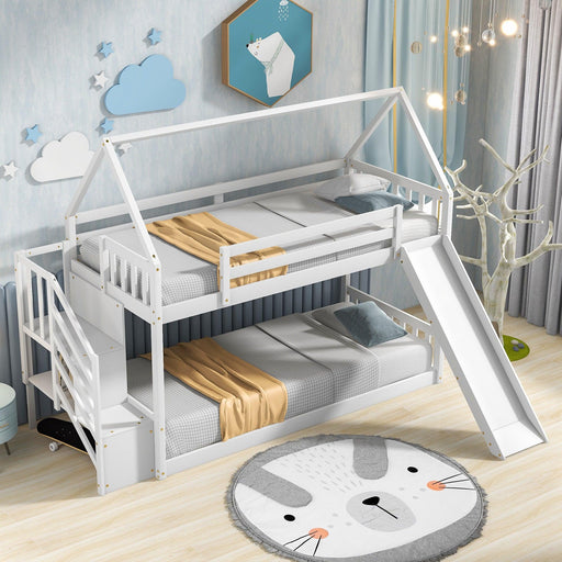 Twin over Twin House Bunk Bed with Slide andStorage Staircase - White image
