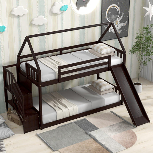 Twin over Twin House Bunk Bed with Slide andStorage Staircase - Espresso image