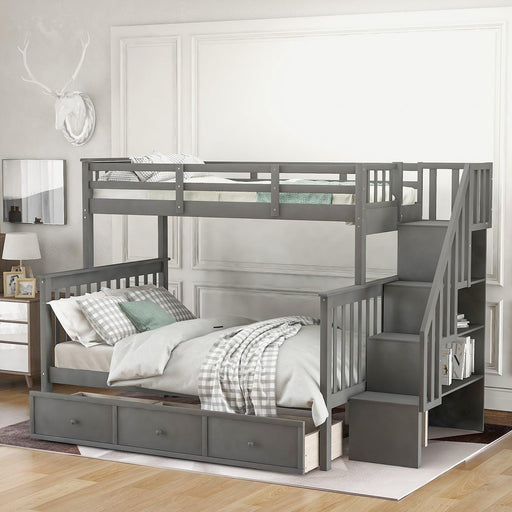 Twin Over Full Bunk Bed with Drawer andStorage Staircase - Gray image