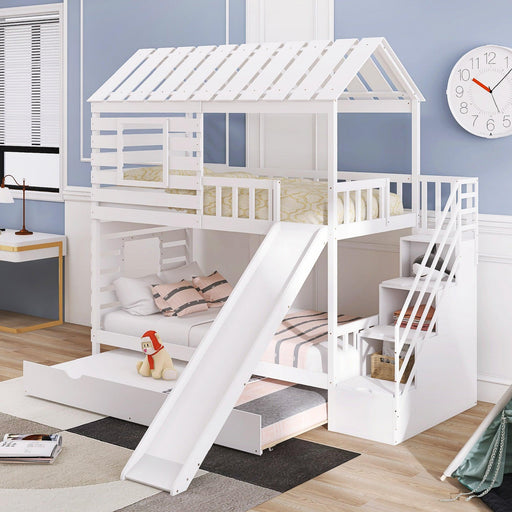 Twin over Twin House Shaped Bunk Bed with Twin Size Trundle, Slide,Storage Staircase - White image