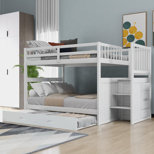 Full over Full Convertible Bunk Bed with Twin Size Trundle and Staircase Drawers - White image