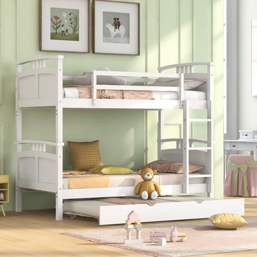 Twin Over Twin Convertible Bunk Bed with Twin Size Trundle and Ladder - White image